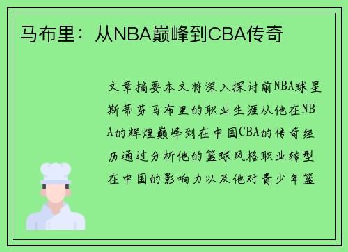 马布里：从NBA巅峰到CBA传奇